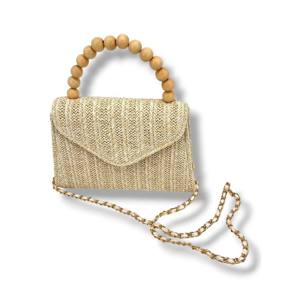 Tommy Bahama Jute Purse with Wood Beads Handle‎ NWOT Vacation Travel Resortwear
